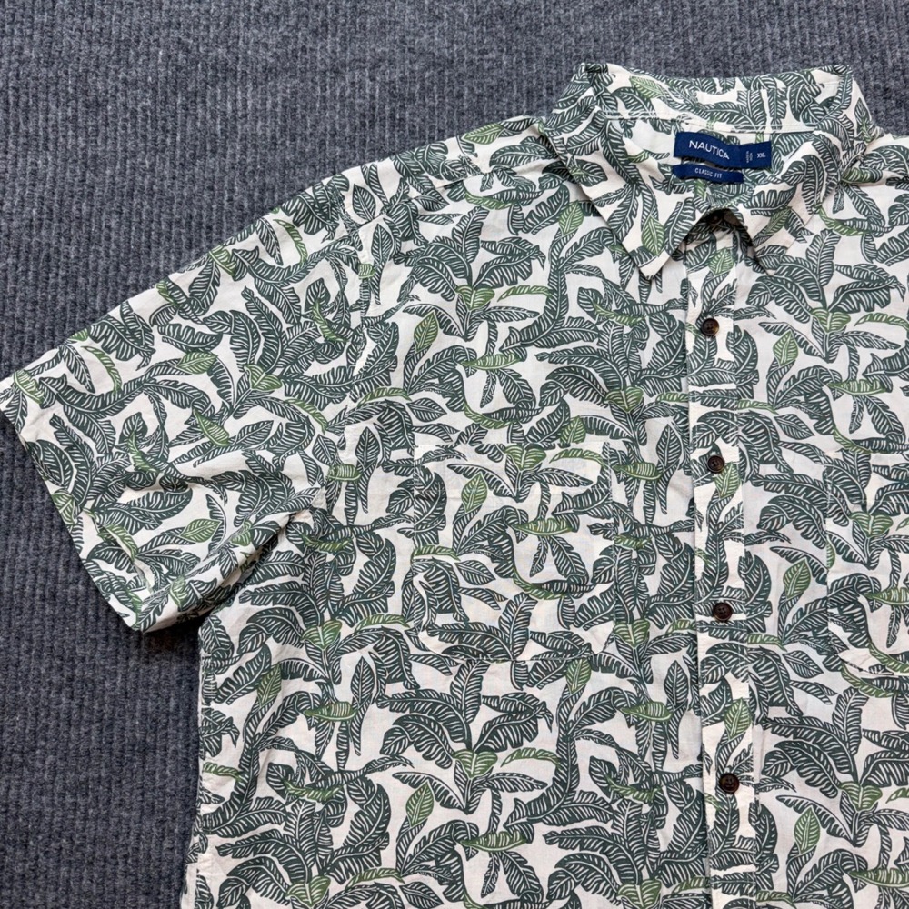 Nautica Leaf‎ Print Button Down Madras Shirt Mens XXL Green Coastal Preppy